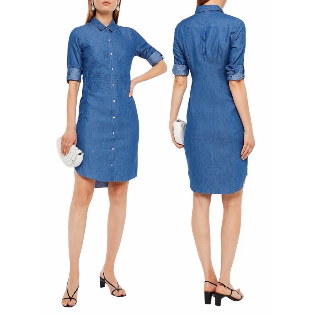 Halston Heritage Pintuck Chambray Shirt Dress Denim Blue Size 2